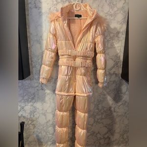Dolls Kill Club EXX Pink Iridescent Convertible Puffer Snowsuit size small
